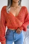 autumn & winter new 3 colors slight stretch v-neck lantern-sleeve stylish crop knitted sweater_Blue_Orange