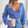 autumn & winter new 3 colors slight stretch v-neck lantern-sleeve stylish crop knitted sweater_Blue