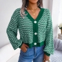 winter new 3 colors lattice knitted slight stretch v-neck single-breasted lantern-sleeve stylish all-match sweater_Magenta_Khaki _Green