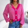 winter new 3 colors lattice knitted slight stretch v-neck single-breasted lantern-sleeve stylish all-match sweater_Magenta