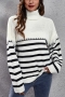 winter new 3 colors stripe stitching slight stretch high-neck stylish casual knitted sweater_Black