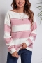 autumn & winter new 4 colors stripe hollow knitted slight stretch boat-neck stylish casual sweater_Black_Blue_Pink