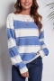 autumn & winter new 4 colors stripe hollow knitted slight stretch boat-neck stylish casual sweater_Black_Blue