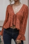 xs-l autumn new 3 colors non-stretch leopard printing v-neck ruffle flared long sleeves exquisite crop blouse_Black_Orange