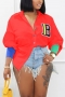 early autumn new plus size letter embroidered contrast color patchwork slight stretch turndown collar single breasted stylish casual blouse (only blouse)_Black_White_Red