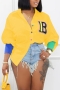 early autumn new plus size letter embroidered contrast color patchwork slight stretch turndown collar single breasted stylish casual blouse (only blouse)_Black_White_Red_Sky Blue_Pink_Yellow