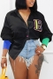 early autumn new plus size letter embroidered contrast color patchwork slight stretch turndown collar single breasted stylish casual blouse (only blouse)_Black