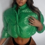 winter new pu solid color slight stretch long sleeve single breasted  pockets stylish high quality warm waterproof crop cotton jacket (only jacket)_Black_Green