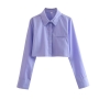 autumn new 5 colors non-stretch solid color single-breasted long sleeves fashion short blouse_Black_White_Purple