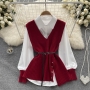 autumn new stylish 4 colors lapel button ribbed knit vest with belt casual blouse_Black_Rose Red