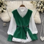 autumn new stylish 4 colors lapel button ribbed knit vest with belt casual blouse_Black_Rose Red_Beige_Green