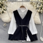 autumn new stylish 4 colors lapel button ribbed knit vest with belt casual blouse_Black