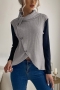 autumn & winter new knitted contrast color slight stretch long sleeve single breasted irregular stylish all-match sweater_Khaki _Gray