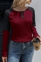autumn slight stretch 3 colors contrast color crew neck button casual top_Rose Red