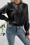 non stretch lace patchwork lantern sleevesingle breasted classic blouse_Black