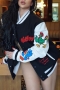 stretch plus-size pocket embroidery ribbed fleece jacket baseball uniform_Black