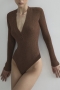 autumn new 4 colors ribbed knit slight stretch v-neck button sexy bodysuit_Black_White_Brown