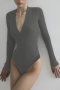 autumn new 4 colors ribbed knit slight stretch v-neck button sexy bodysuit_Black_White_Brown_Dark Gray
