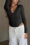 autumn new 4 colors ribbed knit slight stretch v-neck button sexy bodysuit_Black