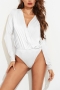 high stretch long sleeve deep v shirring simple bodysuit_Black_White