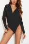 high stretch long sleeve deep v shirring simple bodysuit_Black
