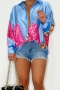 plus size non-stretch satin leopard fixed print single-breasted stylish blouse_Blue