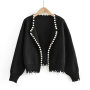 slight stretch solid color pearl casual knitted cardigan jacket_Black