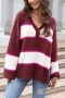 slight stretch 2 colors contrast color knitted v-neck button casual sweater_Rose Red