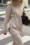 non-stretch solid color 5-colors slit loose knitted high collar thin sweater_Beige