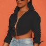 new 2 colors non-stretch hollow long sleeve exquisite crop blouse(with pin)_Black