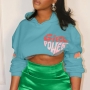 plus size non stretch floral letter fixed printing hooded sexy crop sweatshirt_Blue
