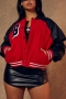 plus size slight stretch pocket letter printing pu fleece casual baseball jacket_Red