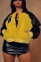 plus size slight stretch pocket letter printing pu fleece casual baseball jacket_Red_Blue_Yellow