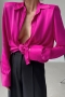 inelastic solid color satin lapel button casual blouses_Black_Magenta