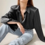inelastic solid color satin lapel button casual blouses_Black