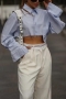 inelastic 5 colors solid color lapel button with pocket exquisite crop blouses_White_Dark Green_Sky Blue
