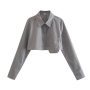 inelastic 5 colors solid color lapel button with pocket exquisite crop blouses_White_Dark Green_Sky Blue_Magenta_Gray
