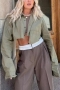 inelastic 5 colors solid color lapel button with pocket exquisite crop blouses_White_Dark Green