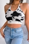 sexy slight stretch 3 colors cow pattern knitted halter-neck tied crop tank top_White