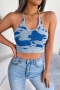 sexy slight stretch 3 colors cow pattern knitted halter-neck tied crop tank top_White_Pink_Blue