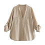 casual xs-l non-stretch 3 colors v-neck single-breasted blouse_White_Green_Khaki