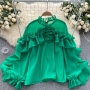 exquisite inelastic 5 colors ruffle decor blouses_Black_White_Magenta_Green
