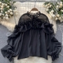 exquisite inelastic 5 colors ruffle decor blouses_Black