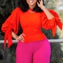 casual plus size slight stretch puff sleeve lace up simple top_Red