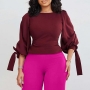 casual plus size slight stretch puff sleeve lace up simple top_Red_Rose Red