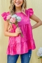 casual non-stretch leopard batch printing ruffle loose top_White_Magenta