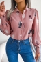 casual non-stretch 3 colors feather batch printing lantern-sleeve blouse_White_Pink