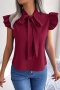 casual non-stretch chiffon 3 colors ruffle tie sleeveless blouse_White_Rose Red