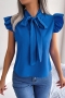casual non-stretch chiffon 3 colors ruffle tie sleeveless blouse_White_Rose Red_Blue