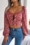 exquisite slight stretch chiffon floral printing square-neck lace-up crop blouse_White_Red